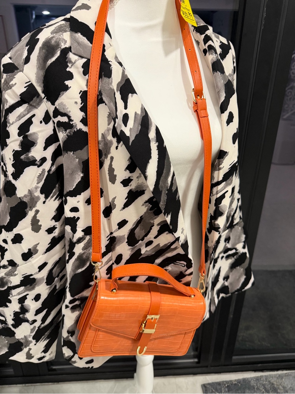 Orange Croc-Embossed Leather Crossbody Bag with Top Handle